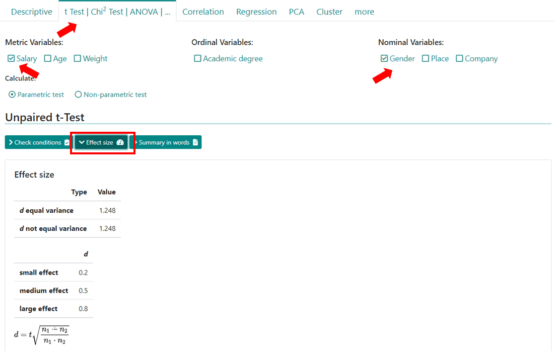 Calculate effect size for independent t-test